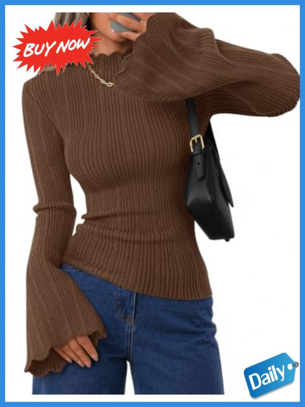 Womens Knit Bell Sleeve Sweater Scalloped Mock Neck Slim Fit Pullover